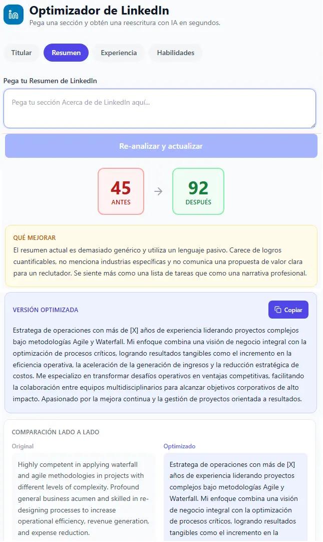 Optimizador de LinkedIn mostrando mejora de puntaje de 55 a 92